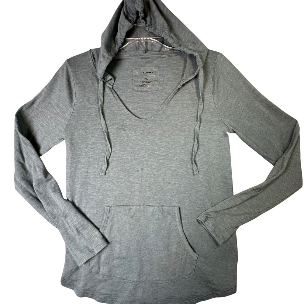Sonoma Goods for Life V-Neck Hoodie Slub Knit Kangaroo Pocket XS Sage Green